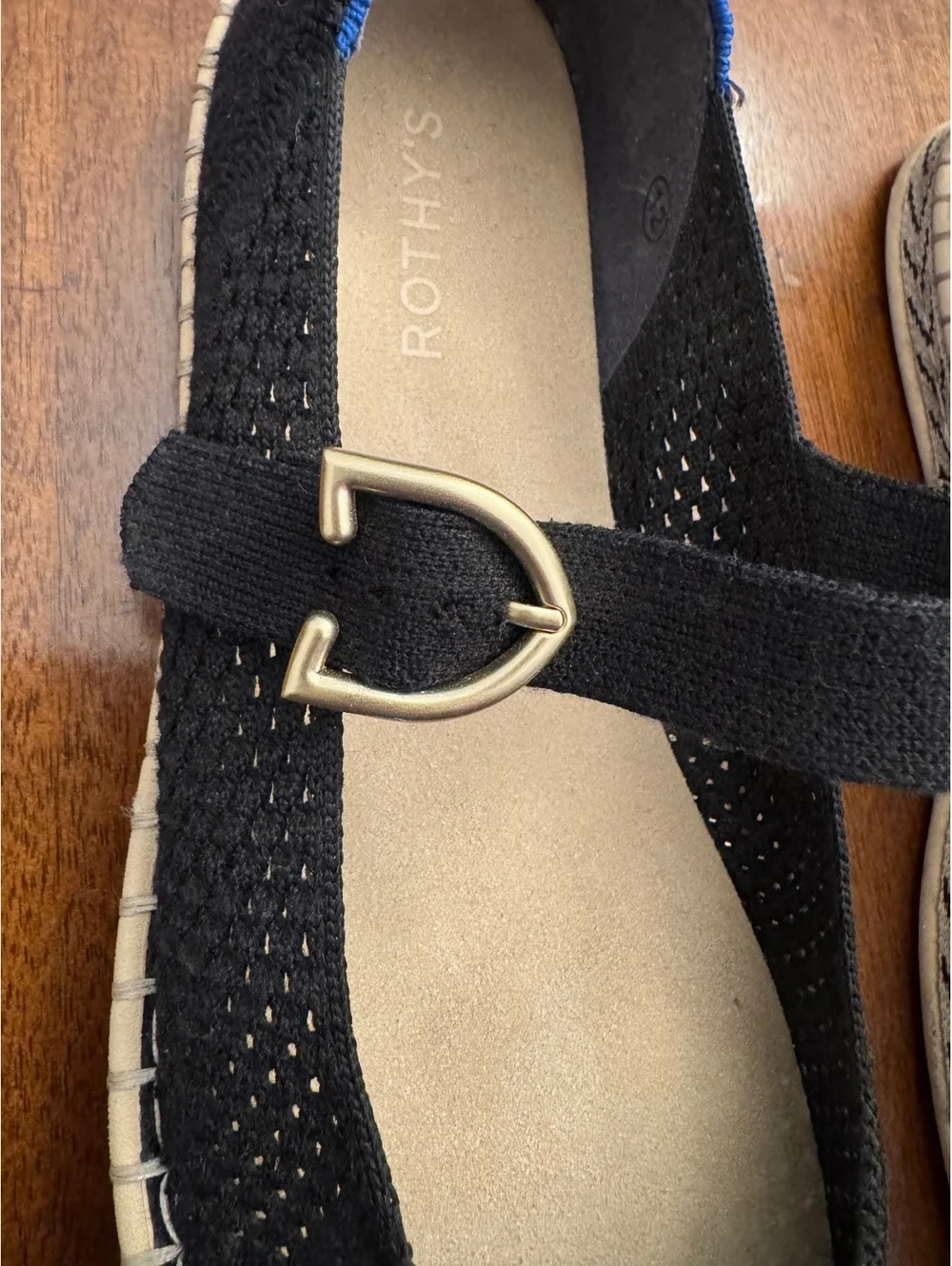 Rothy's Black Knit Espadrille Mary Jane Flats Size 12 Gold Buckle Sustainable